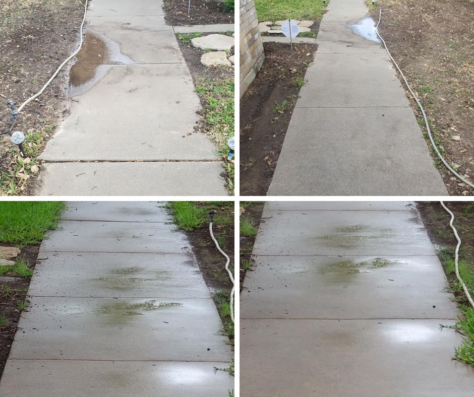 A Precision Foundation Repair crew member accurately leveling a sunken concrete sidewalk slab on a residential property in Comanche, Comanche County, Texas.