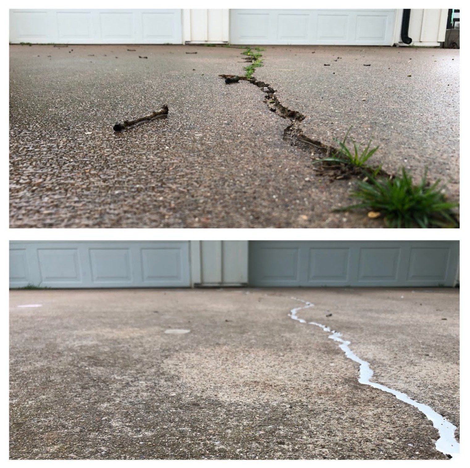 A Precision Foundation Repair before and after photo of using polyurethane foam to lift a cracked residential driveway slab in Comanche, Comanche County, Texas. A Precision Foundation Repair before and after photo of using polyurethane foam to lift a cracked residential driveway slab in Comanche, Comanche County, Texas.