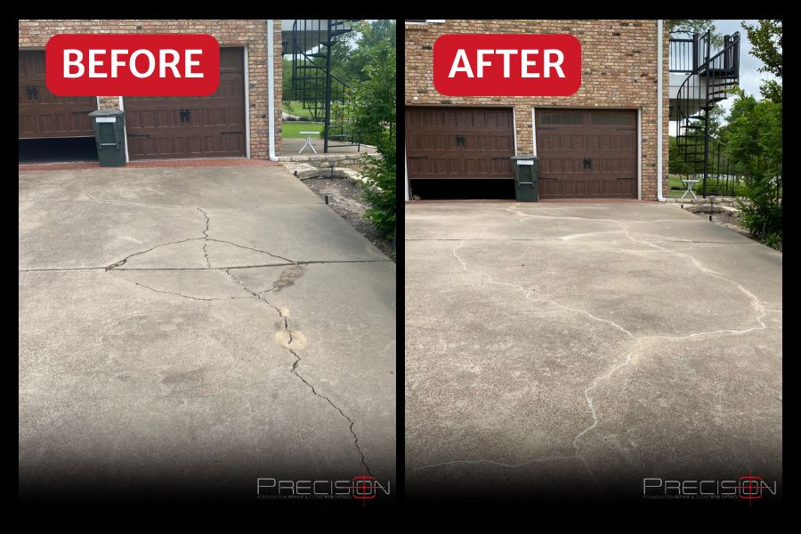 Precision Foundation Repair crew using polyfoam injection to level a large sunken driveway slab for a homeowner in Azle, Texas. Precision Foundation Repair crew using polyfoam injection to level a large sunken driveway slab for a homeowner in Azle, Texas.
