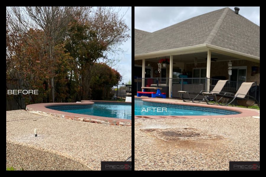 A Precision Foundation Repair specialist using polyfoam to level a sunken concrete pool deck at an Eagle Mountain Lake home in Azle, Texas. A Precision Foundation Repair specialist using polyfoam to level a sunken concrete pool deck at an Eagle Mountain Lake home in Azle, Texas.