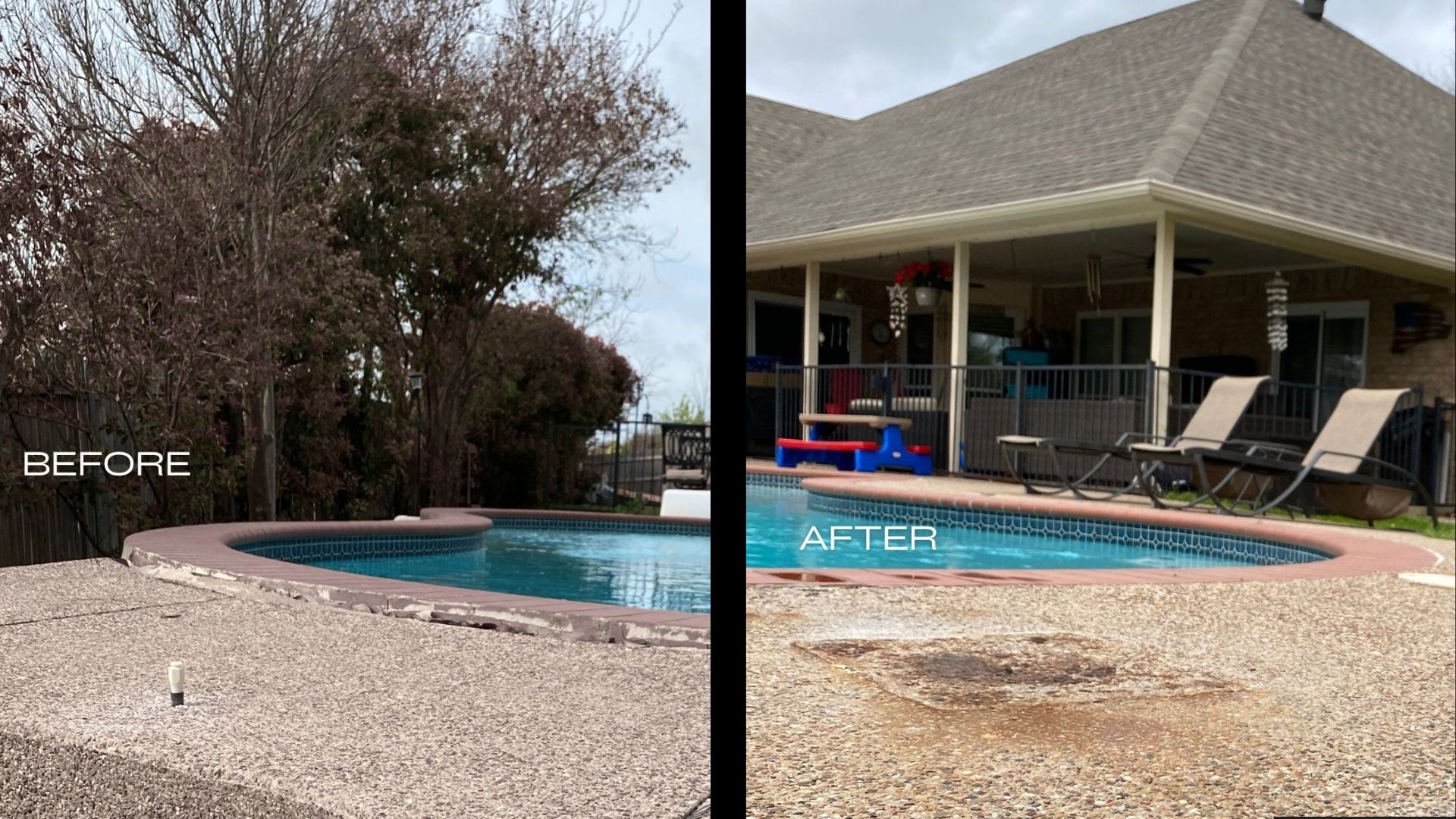 Before and After photo showing a cracked, settled concrete pool deck fully restored, lifted, and repaired by Precision Foundation Repair in Eastland, Texas. Before and After photo showing a cracked, settled concrete pool deck fully restored, lifted, and repaired by Precision Foundation Repair in Eastland, Texas.