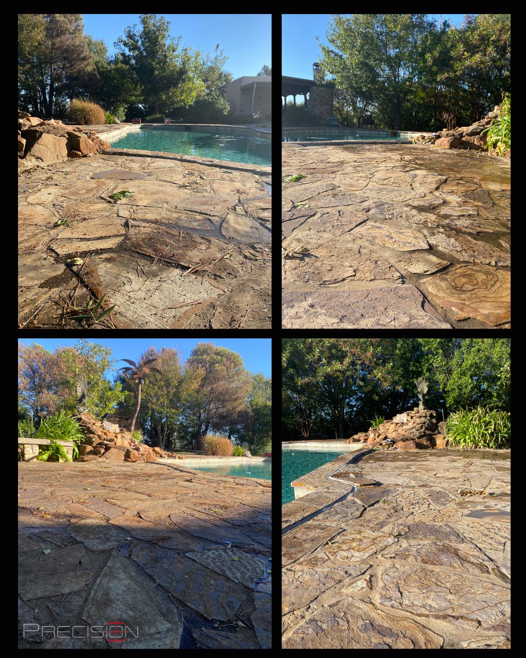 Precision Foundation Repair technicians lifting a sunken concrete pool deck with polyurethane foam at a luxury home in Aledo, Texas.