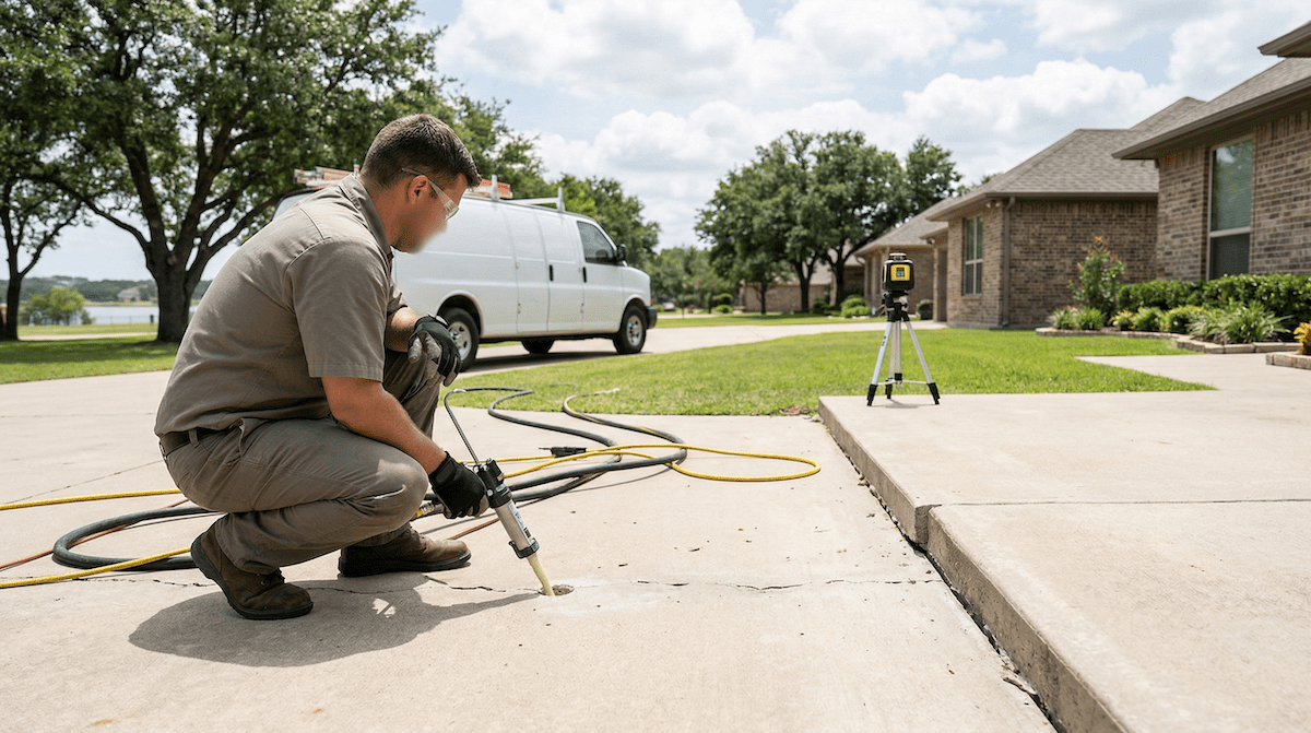 benbrook concrete lifting Precision Foundation Repair technicians injecting polyurethane foam to level a settled concrete patio at a residential home in Benbrook, Texas.