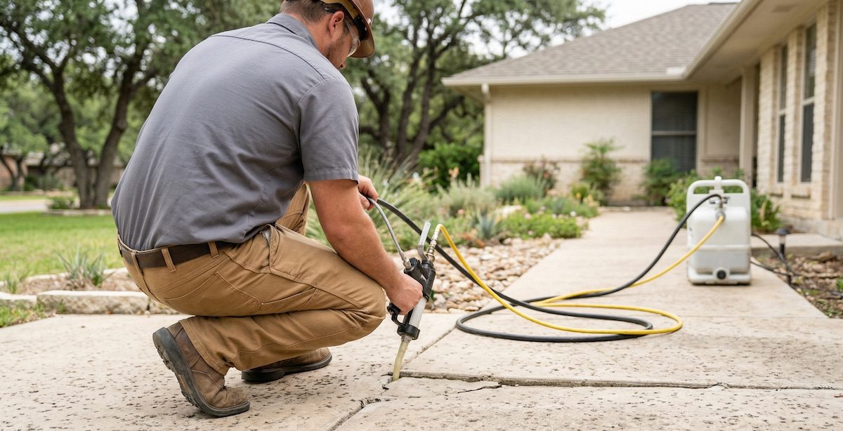 Precision Foundation Repair technician injecting polyurethane foam to lift and level a sinking concrete patio slab in Brownwood, Texas Precision Foundation Repair technician injecting polyurethane foam to lift and level a sinking concrete patio slab in Brownwood, Texas