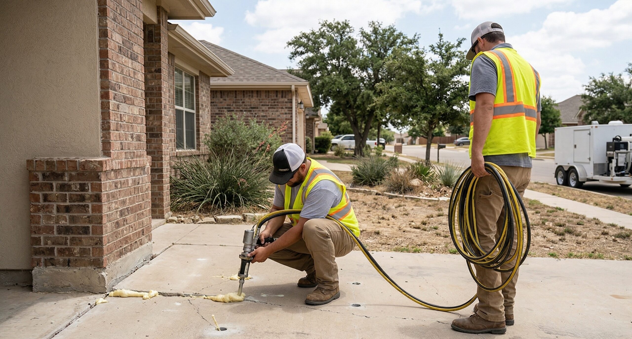 Precision Foundation Repair technicians injecting high-density polyurethane foam to level a settled concrete slab foundation on a residential home in Brownwood, Texas. Precision Foundation Repair technicians injecting high-density polyurethane foam to level a settled concrete slab foundation on a residential home in Brownwood, Texas.