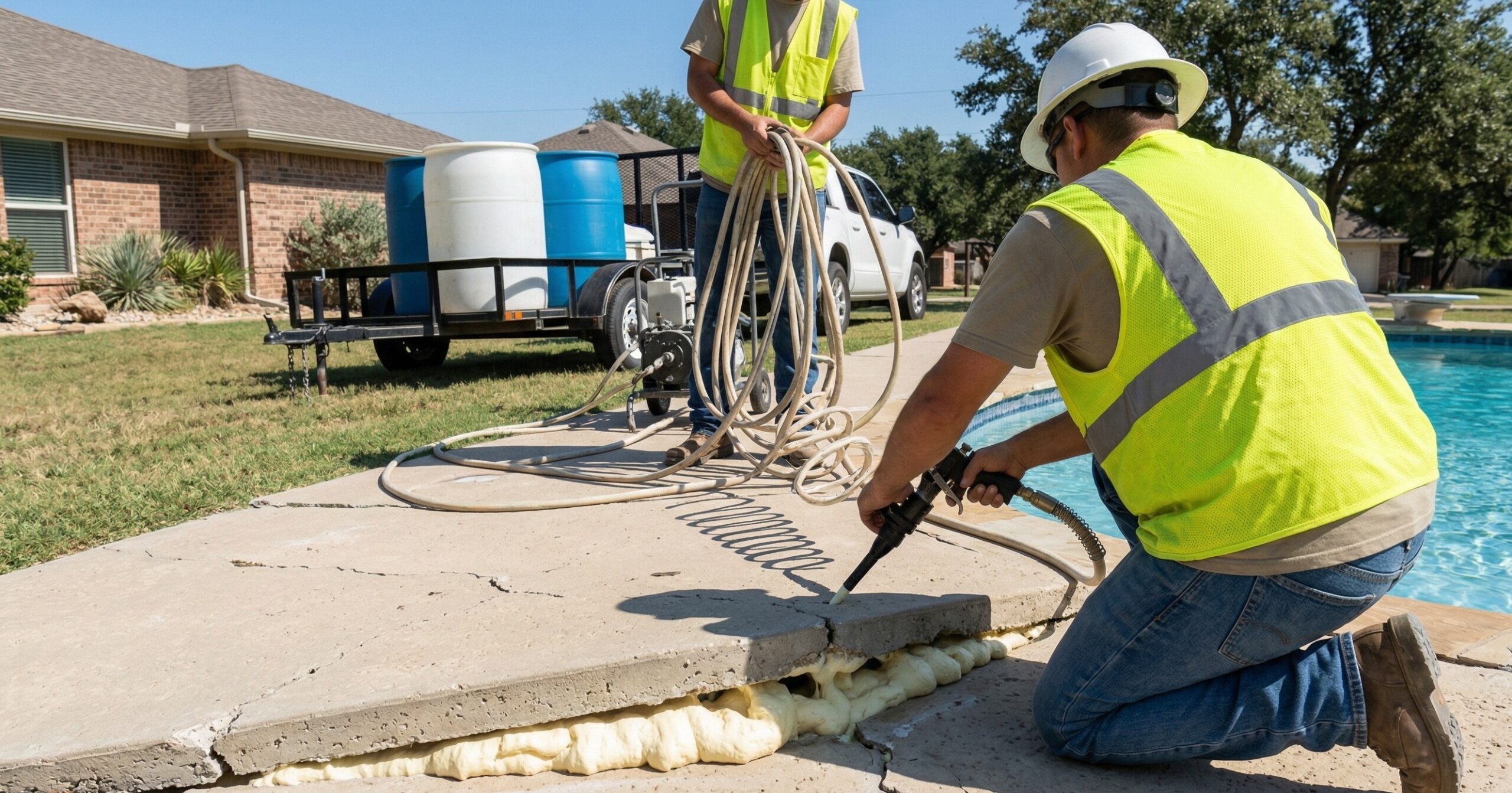 Photo of Precision Foundation Repair technicians injecting waterproof high-density polyurethane foam to level a sinking concrete pool deck in Brownwood, Texas. Photo of Precision Foundation Repair technicians injecting waterproof high-density polyurethane foam to level a sinking concrete pool deck in Brownwood, Texas.