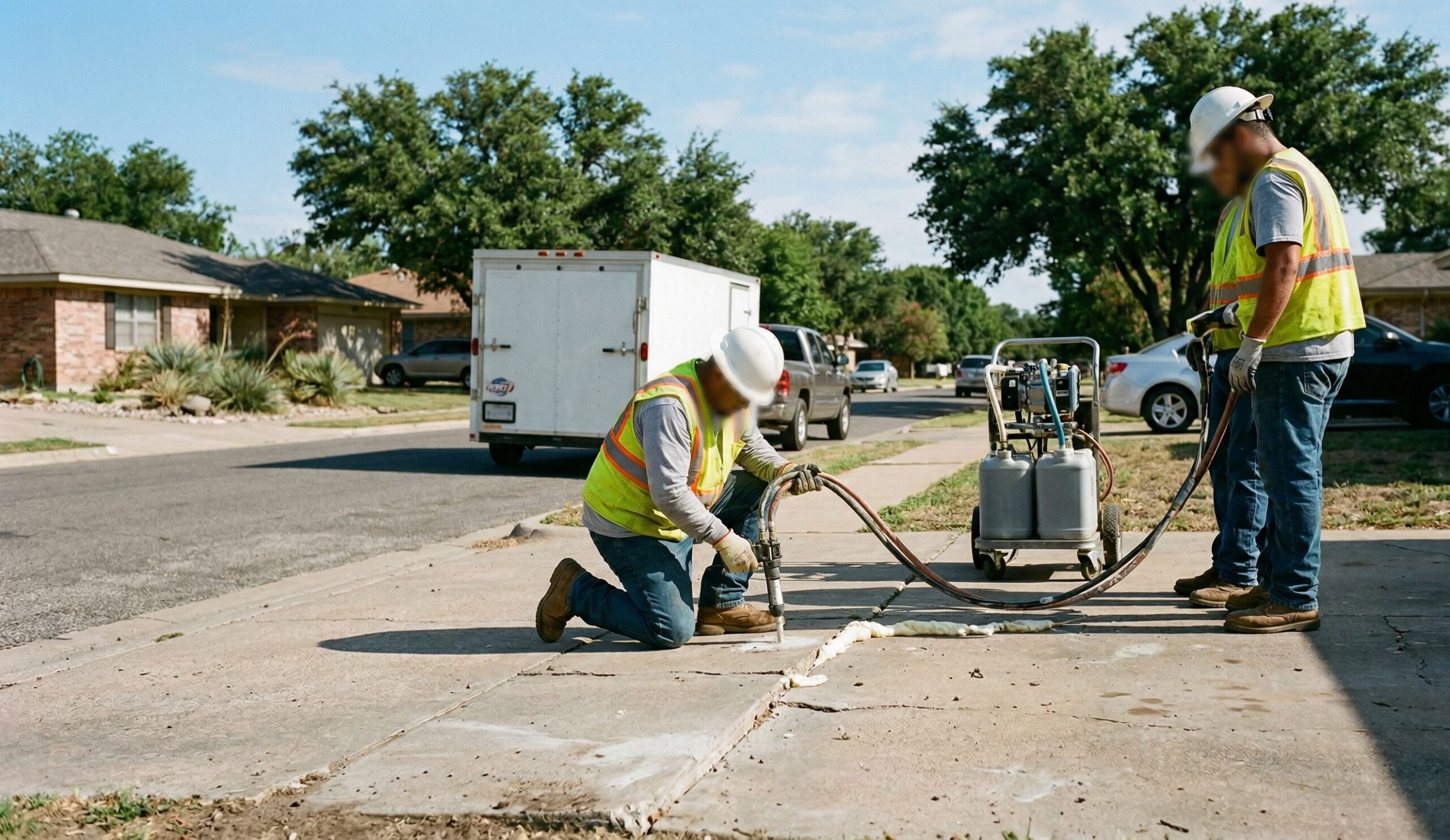 Foundation Repair crew injecting high-density polyurethane foam to level a sinking concrete driveway in a Brownwood, Texas neighborhood Foundation Repair crew injecting high-density polyurethane foam to level a sinking concrete driveway in a Brownwood, Texas neighborhood
