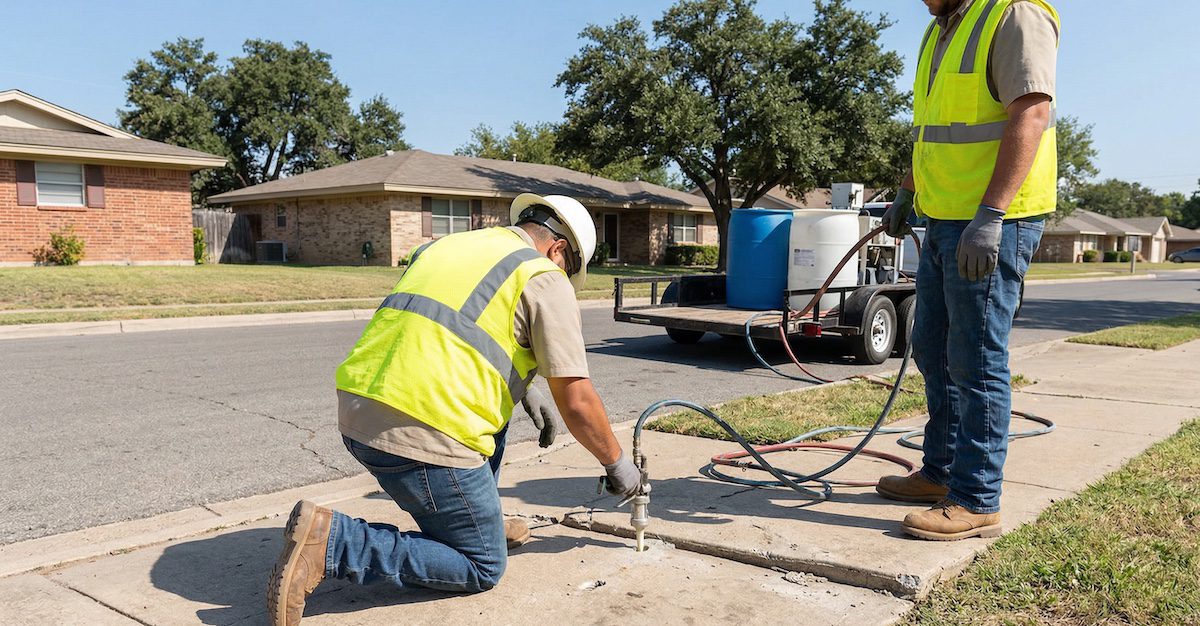 Precision Foundation Repair technicians injecting high-density polyurethane foam to level a sunken concrete sidewalk in a Brownwood, Texas neighborhood. Precision Foundation Repair technicians injecting high-density polyurethane foam to level a sunken concrete sidewalk in a Brownwood, Texas neighborhood.