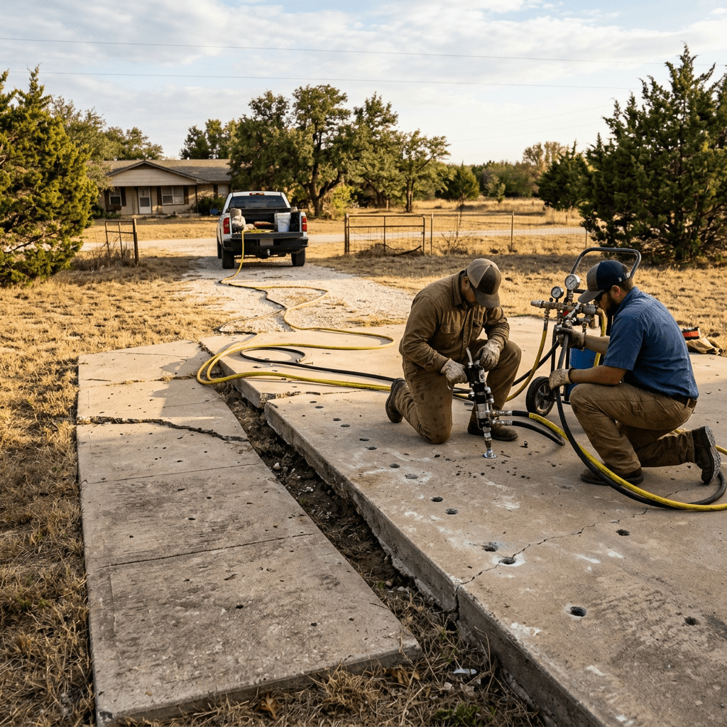 A two-person crew using polyurethane foam injection equipment to lift a sunken concrete slab in a residential property in rural Erath County, Texas. The slab shows clear unevenness and settling. Dime-sized drill holes are visible in the concrete surface. The surrounding environment features dry Texas grass and cedar trees. No faces, logos, or text on uniforms or equipment.