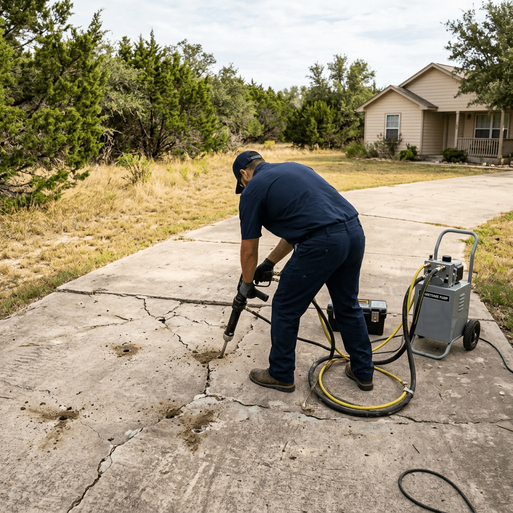 erath county driveway repair A concrete driveway with visible settlement cracks and an uneven surface at a rural residential property in Erath County, Texas. A technician is seen from behind operating polyurethane foam injection equipment near small drill holes in the driveway slab. The property features a typical Central Texas yard with dry grass and cedar trees. No faces, logos, or text on uniforms or equipment.