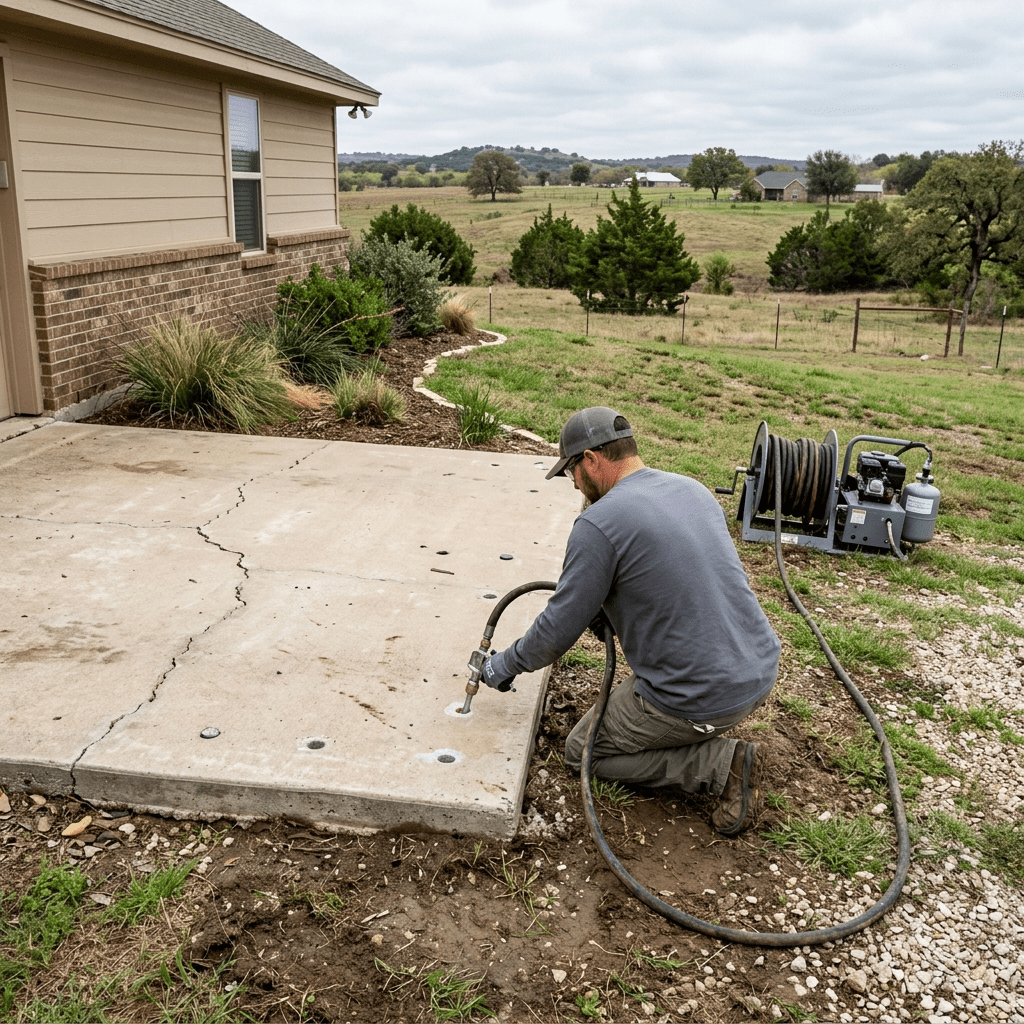 erath county foundation repair A technician injecting polyurethane foam beneath a cracked residential slab foundation in a rural Erath County, Texas yard. The concrete shows visible settlement cracks and slight tilt. Small drill holes are present in the slab surface. Rolling Texas pastureland and cedar trees are visible in the background. No faces, logos, or text on uniforms or equipment.
