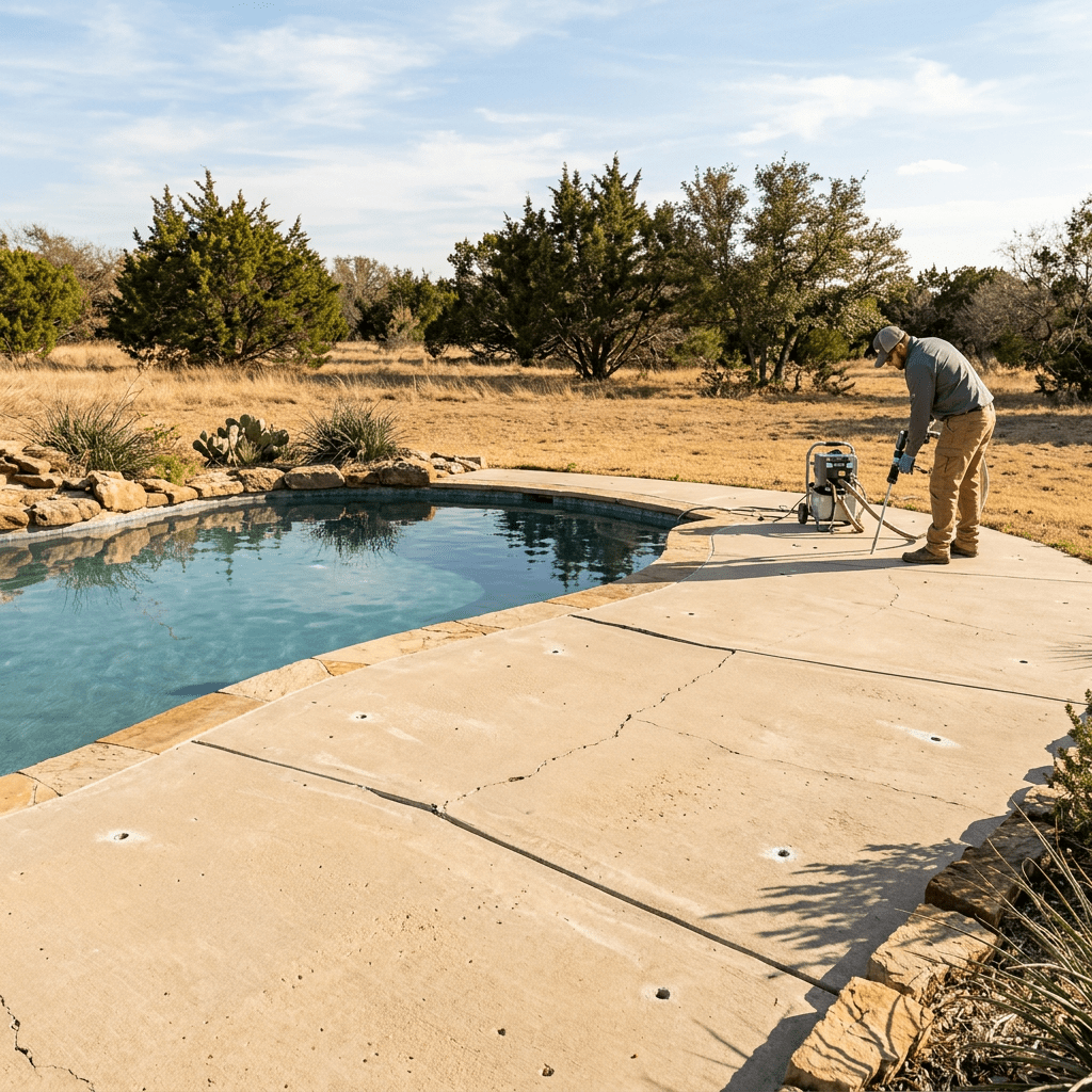 erath county pool deck repair A concrete pool deck with settled, uneven sections and visible cracks surrounding a residential in-ground pool in Erath County, Texas. A technician is positioned near the deck's edge operating compact polyurethane foam injection equipment. Small drill holes are visible in the pool deck surface. The yard includes typical Central Texas landscaping with dry grass. No faces, logos, or text on uniforms or equipment.