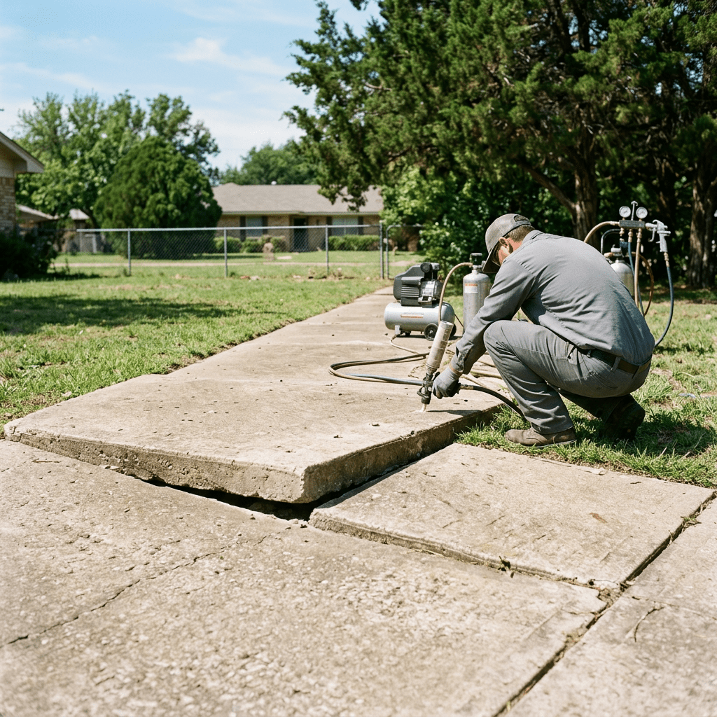 A lifted and misaligned sidewalk panel in front of a residential property in Erath County, Texas, with a visible trip hazard where one slab section is raised above the adjacent panel. A technician is crouching near small injection holes drilled into the concrete surface. The surrounding yard has dry Central Texas grass and a cedar tree line in the background. No faces, logos, or text on uniforms or equipment.