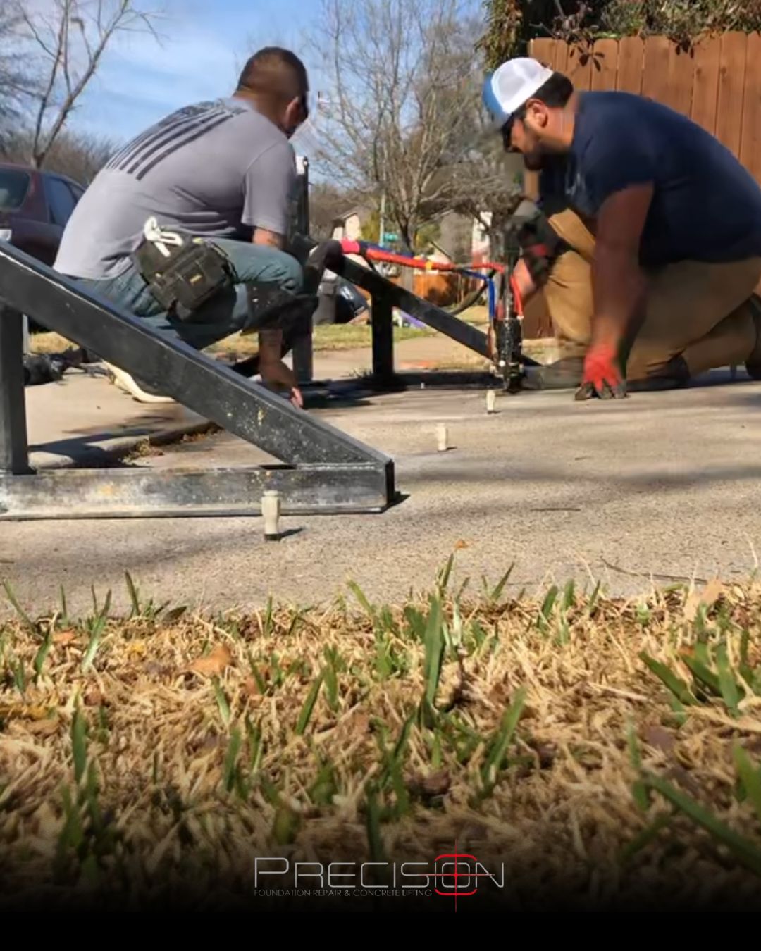 A Precision Foundation Repair expert using polyurethane foam to lift a cracked residential driveway slab in Eastland, Eastland County, Texas.
