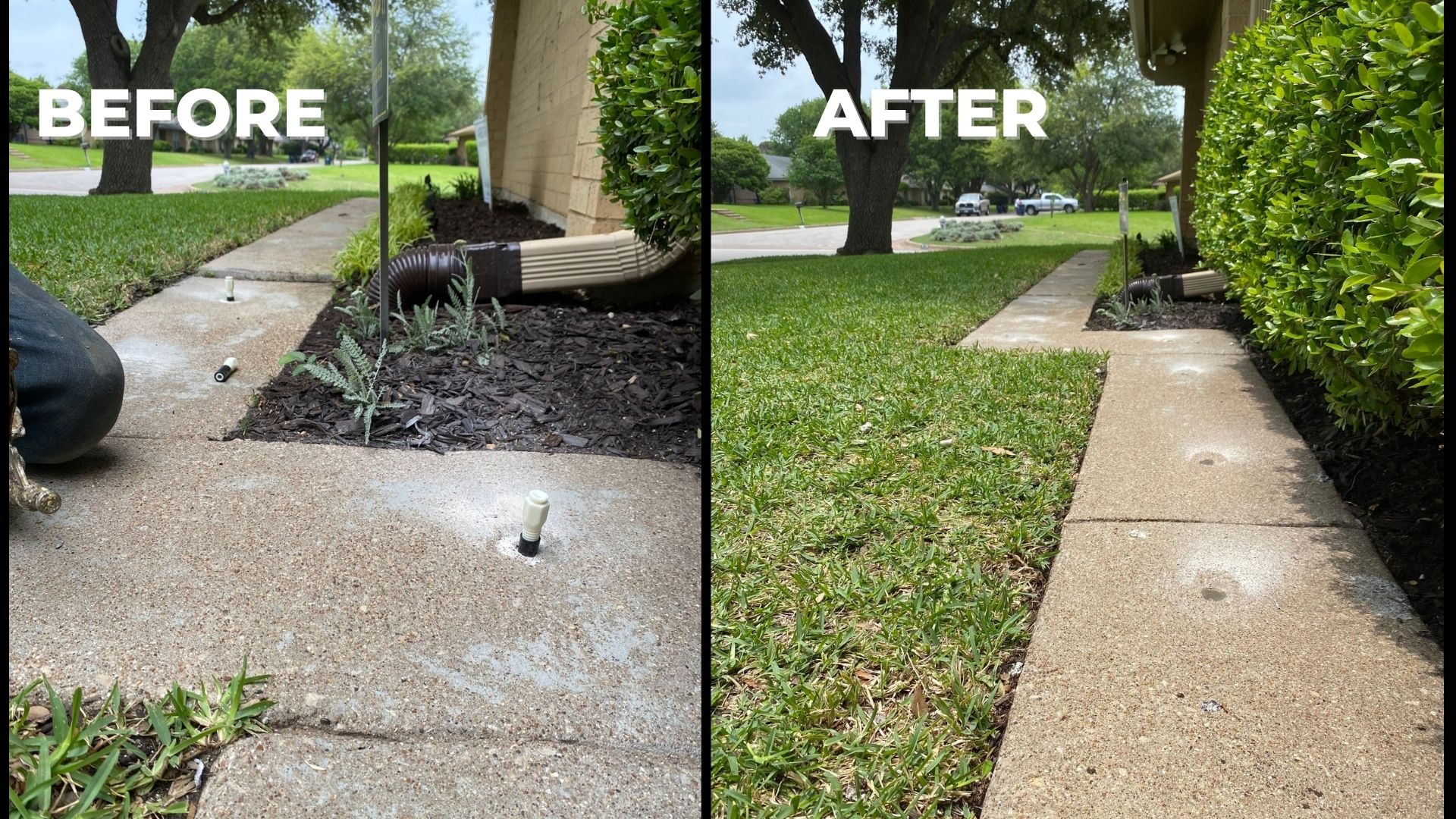 A Precision Foundation Repair crew member accurately leveling a sunken concrete sidewalk slab on a commercial property in Eastland, Eastland County, Texas.