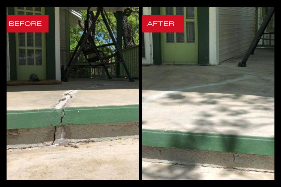 aledo concrete repair Precision Foundation Repair technicians injected polyurethane foam to level a stamped concrete patio at a luxury residence in Aledo, Texas.