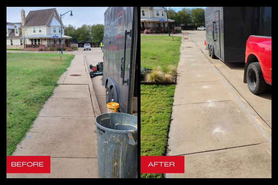 A Precision Foundation Repair expert leveling a sunken concrete sidewalk slab in a residential neighborhood in Aledo, Parker County, Texas. A Precision Foundation Repair expert leveling a sunken concrete sidewalk slab in a residential neighborhood in Aledo, Parker County, Texas.