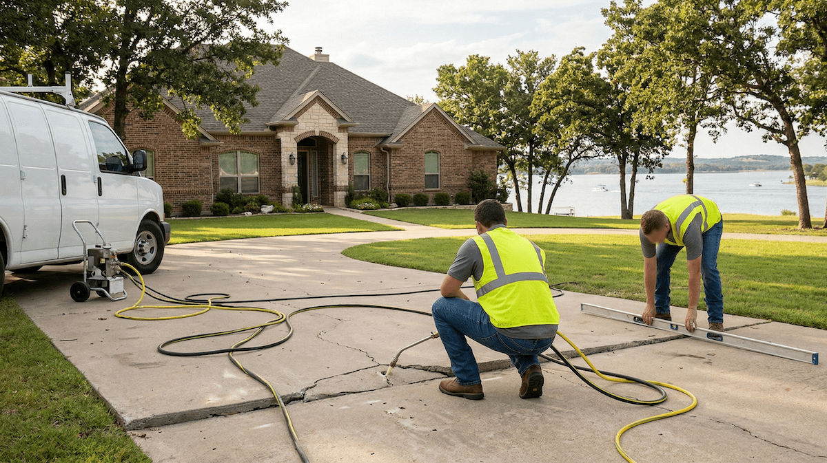 Precision Foundation Repair crew injecting high-density foam to level a cracked residential driveway near Benbrook Lake in Benbrook, Texas.