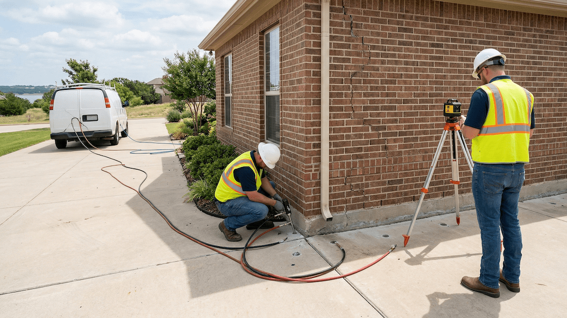 Structural polyurethane foam injection equipment stabilizing a settled slab foundation for a residential home in Benbrook, Tarrant County, Texas.