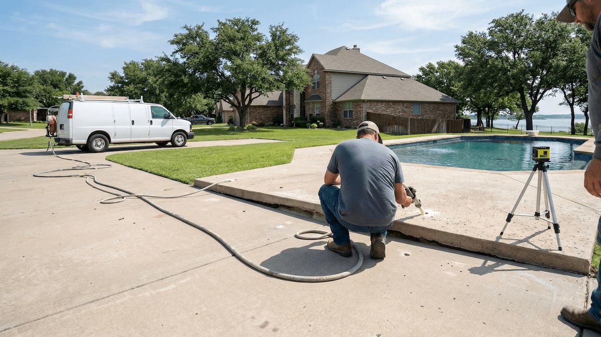 benbrook pool deck repair Precision Foundation Repair experts injecting polyurethane foam to level a sunken concrete pool deck at a Benbrook, Texas home.