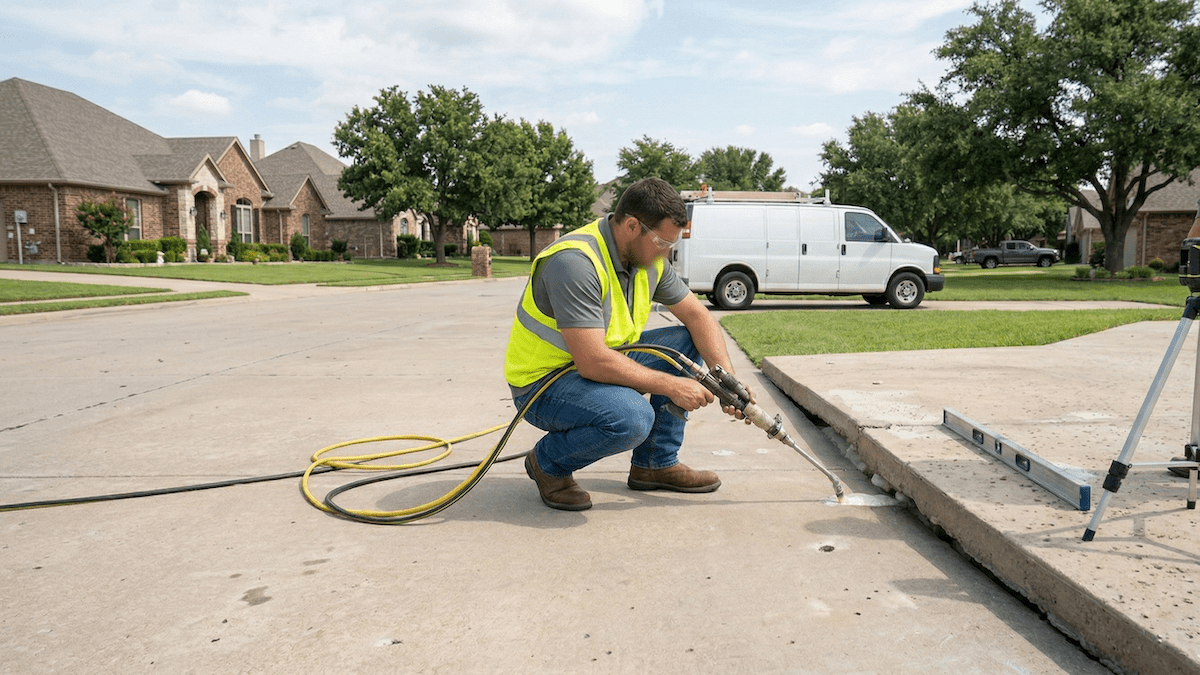Precision Foundation Repair technician injecting polyurethane foam to level a settled concrete sidewalk section in a Benbrook, Texas residential neighborhood.
